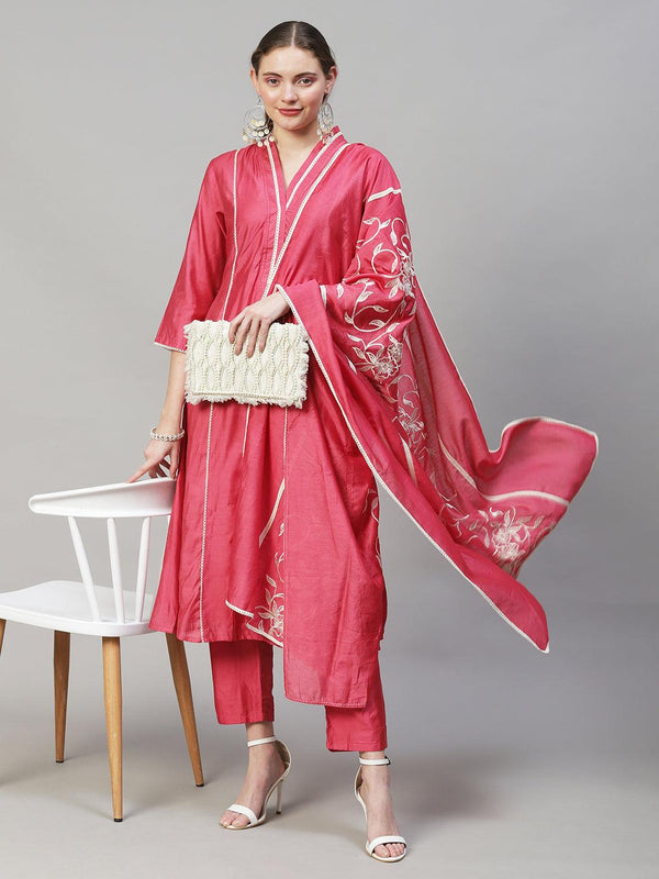 Ethnic A-Line Kurta with Pants & Dupatta - Pink - Indiakreations