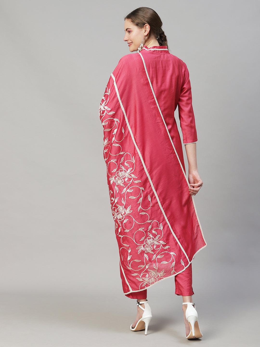 Ethnic A-Line Kurta with Pants & Dupatta - Pink - Indiakreations