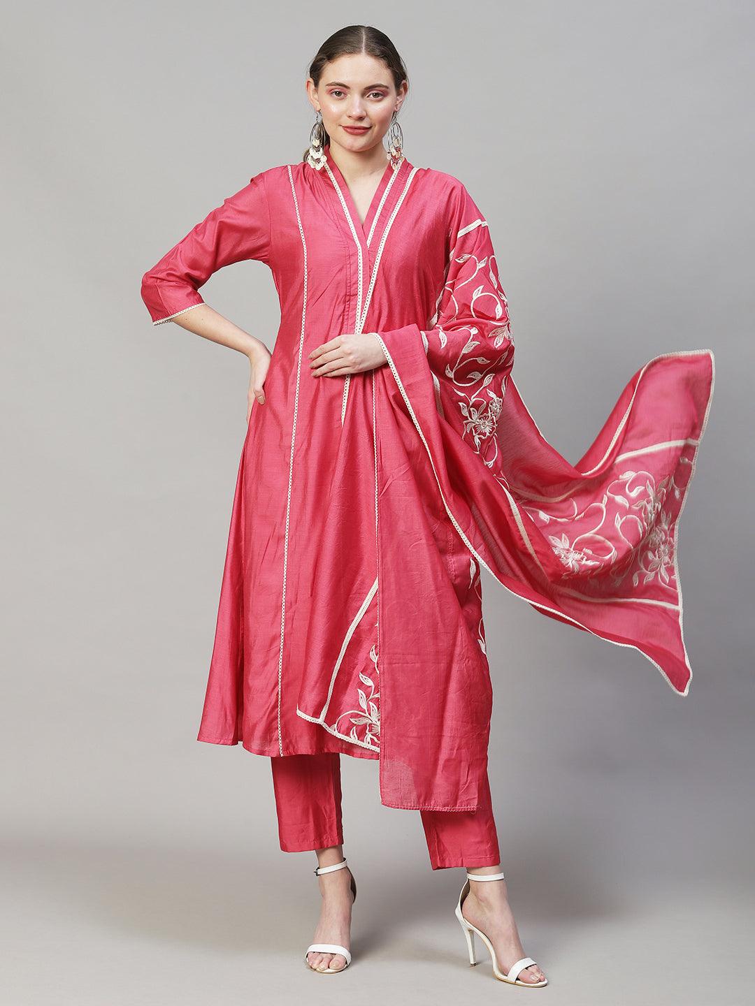 Ethnic A-Line Kurta with Pants & Dupatta - Pink - Indiakreations