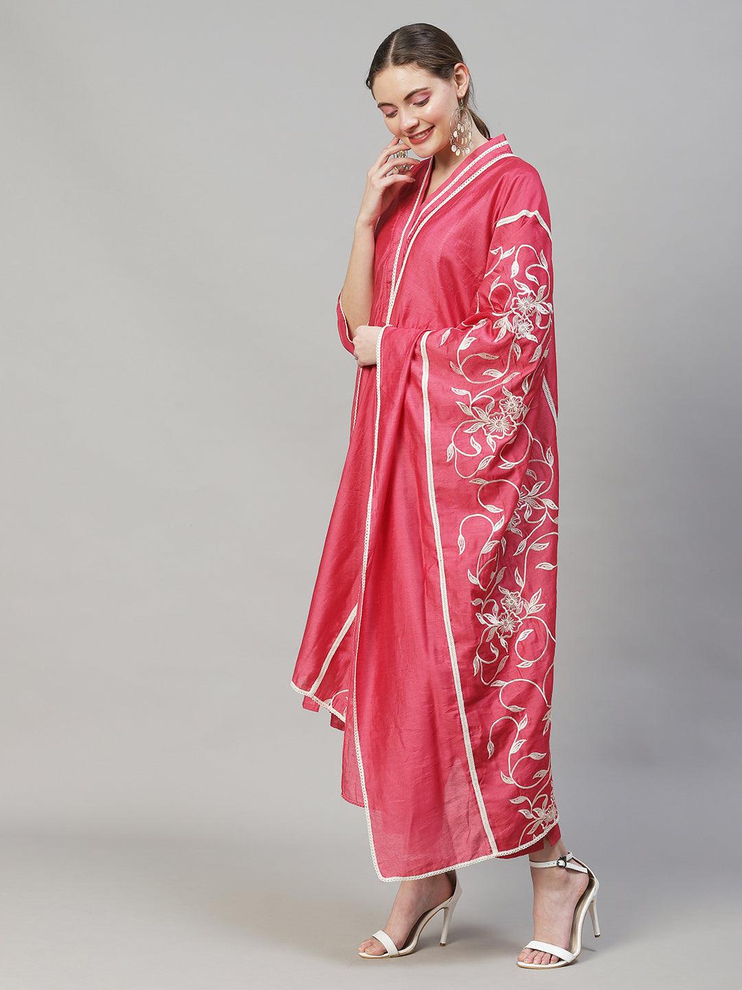 Ethnic A-Line Kurta with Pants & Dupatta - Pink - Indiakreations