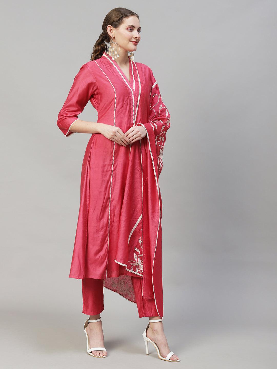 Ethnic A-Line Kurta with Pants & Dupatta - Pink - Indiakreations