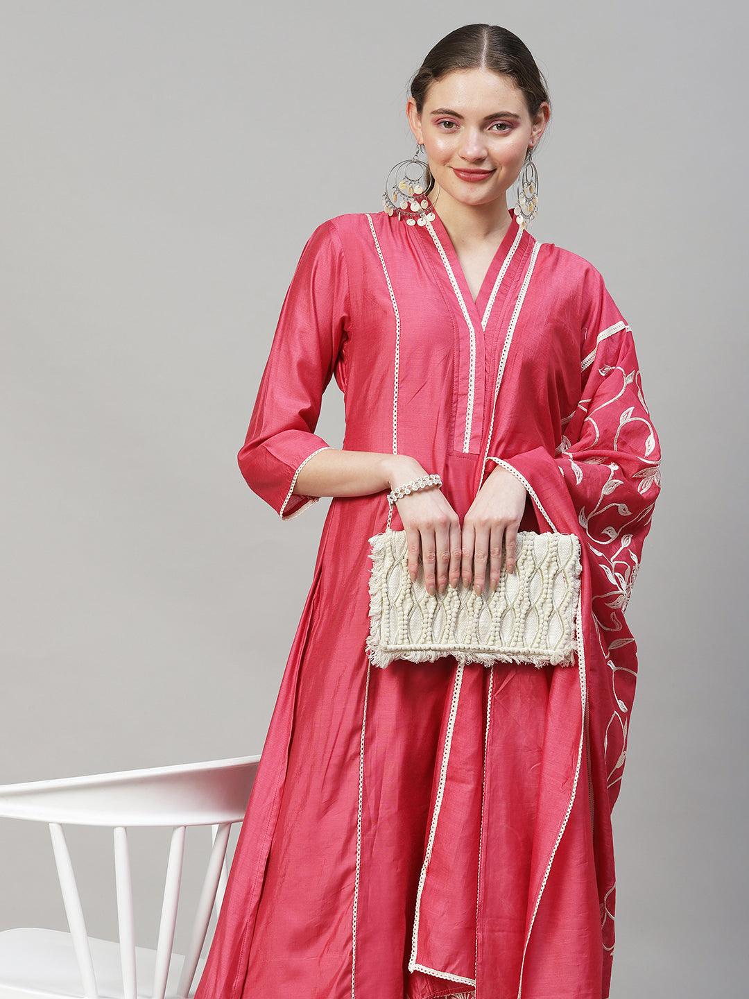 Ethnic A-Line Kurta with Pants & Dupatta - Pink - Indiakreations