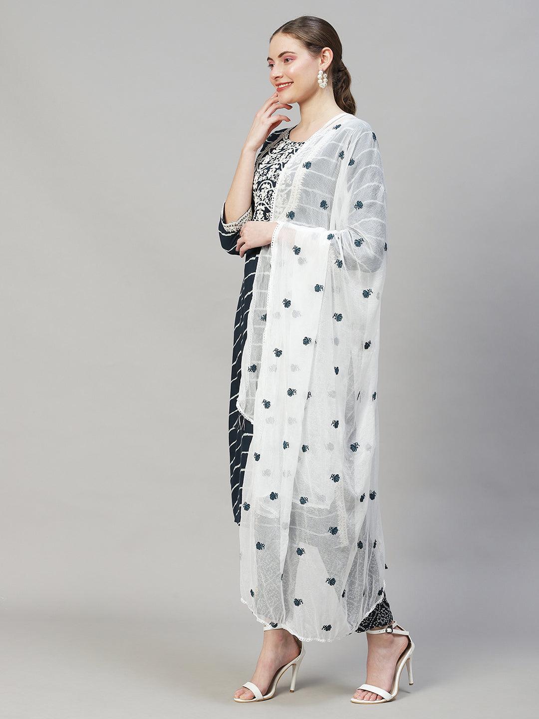 Leheriya Printed & Embroidered Kurta with Pants & Dupatta - Teal Blue - Indiakreations