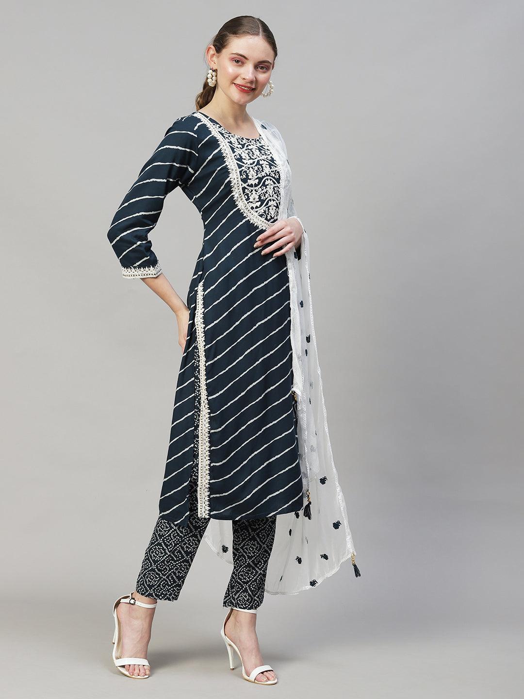 Leheriya Printed & Embroidered Kurta with Pants & Dupatta - Teal Blue - Indiakreations