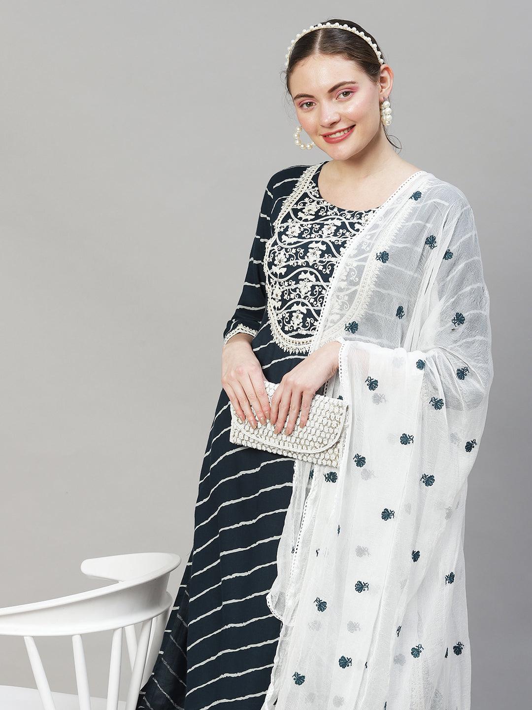 Leheriya Printed & Embroidered Kurta with Pants & Dupatta - Teal Blue - Indiakreations