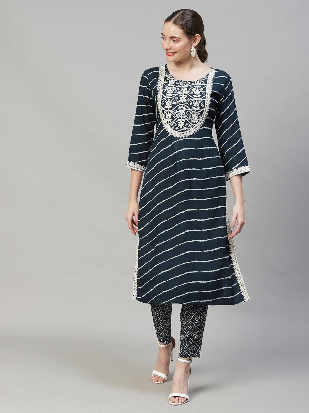 Leheriya Printed & Embroidered Kurta with Pants & Dupatta - Teal Blue - Indiakreations