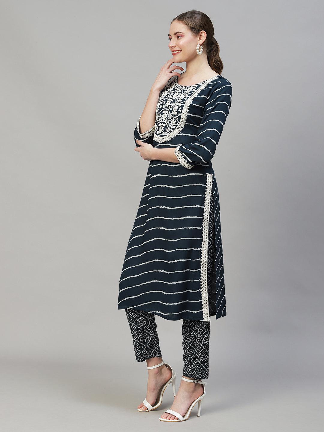 Leheriya Printed & Embroidered Kurta with Pants & Dupatta - Teal Blue - Indiakreations