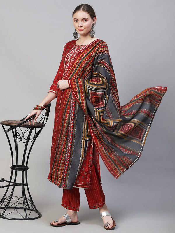 Ethnic Printed & Embroidered Straight Fit Kurta with Pants & Dupatta - Red - Indiakreations