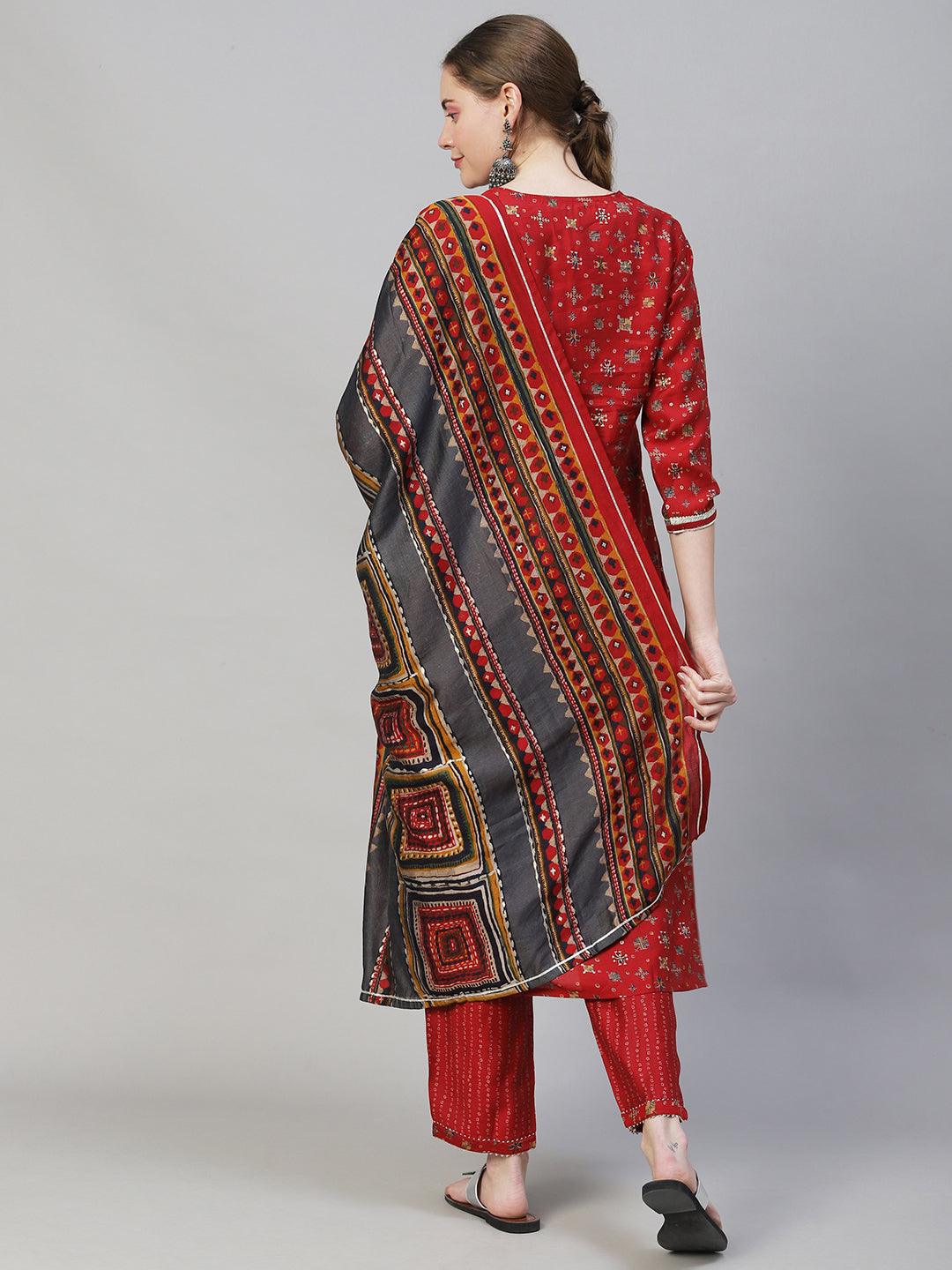 Ethnic Printed & Embroidered Straight Fit Kurta with Pants & Dupatta - Red - Indiakreations