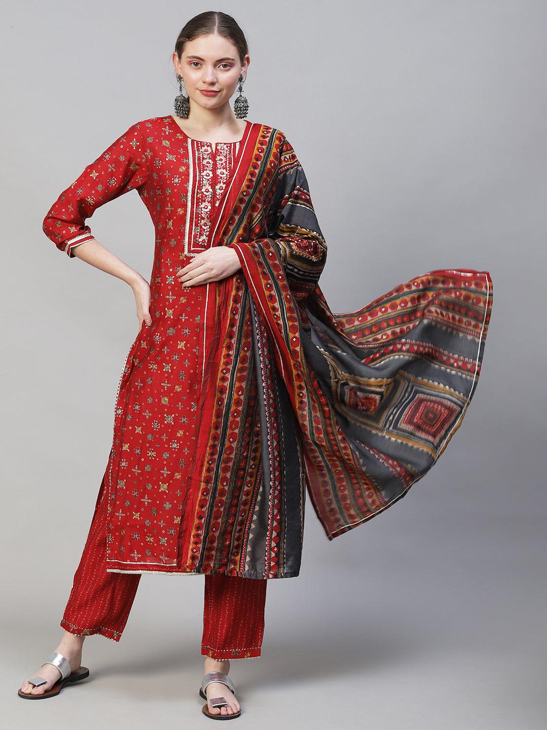 Ethnic Printed & Embroidered Straight Fit Kurta with Pants & Dupatta - Red - Indiakreations