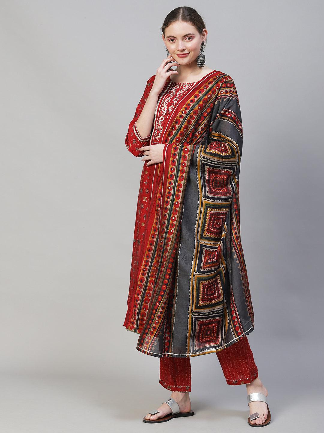 Ethnic Printed & Embroidered Straight Fit Kurta with Pants & Dupatta - Red - Indiakreations