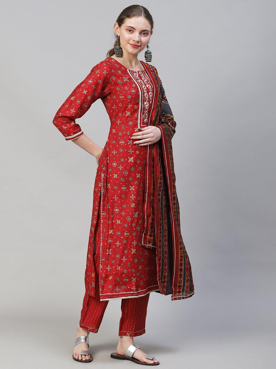 Ethnic Printed & Embroidered Straight Fit Kurta with Pants & Dupatta - Red - Indiakreations