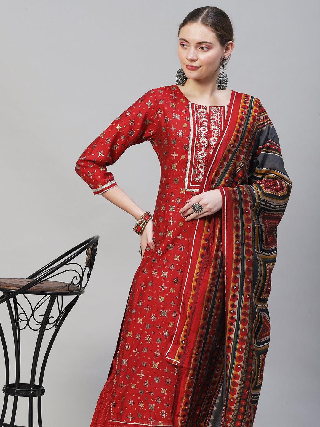 Ethnic Printed & Embroidered Straight Fit Kurta with Pants & Dupatta - Red - Indiakreations