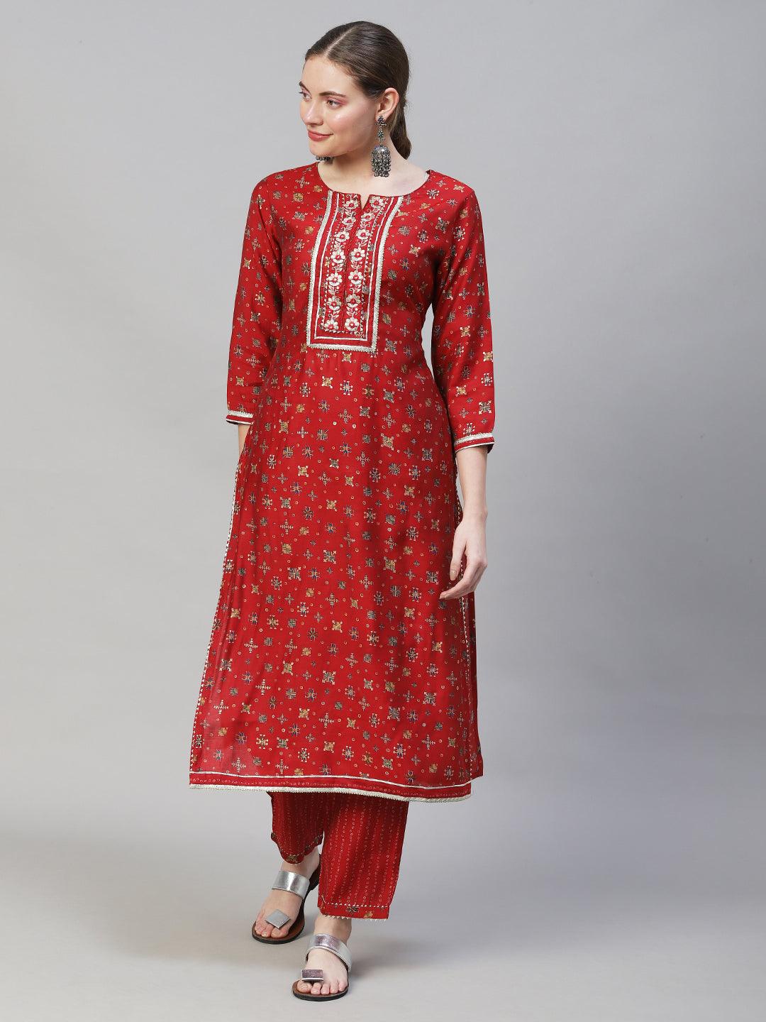 Ethnic Printed & Embroidered Straight Fit Kurta with Pants & Dupatta - Red - Indiakreations