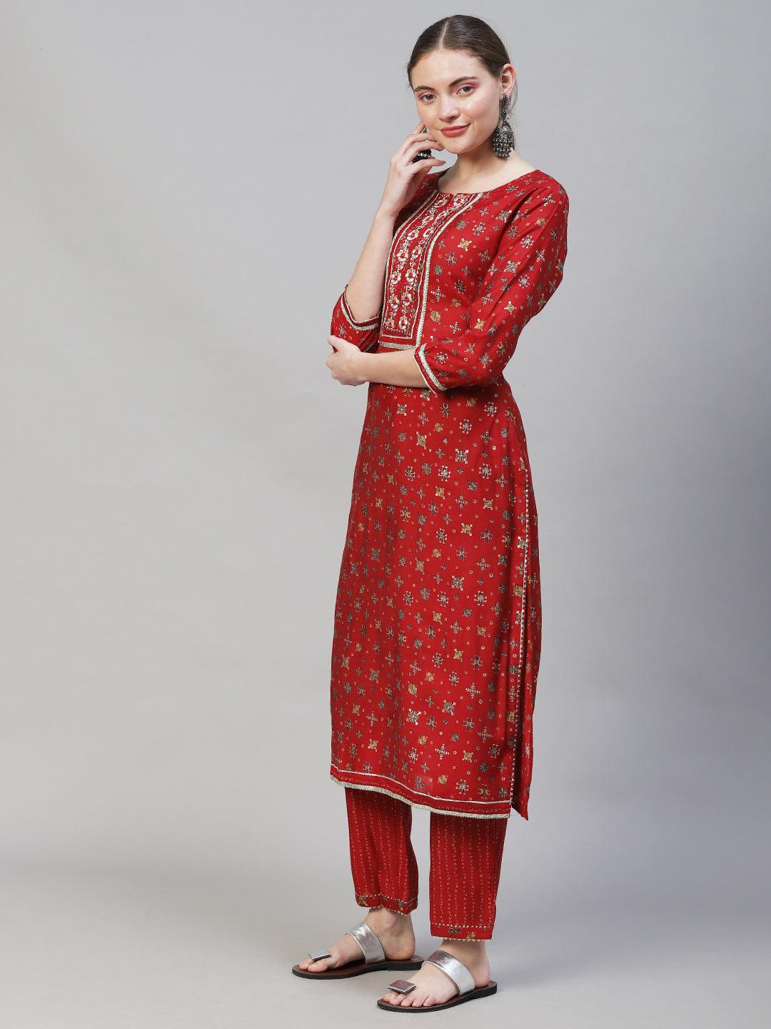 Ethnic Printed & Embroidered Straight Fit Kurta with Pants & Dupatta - Red - Indiakreations