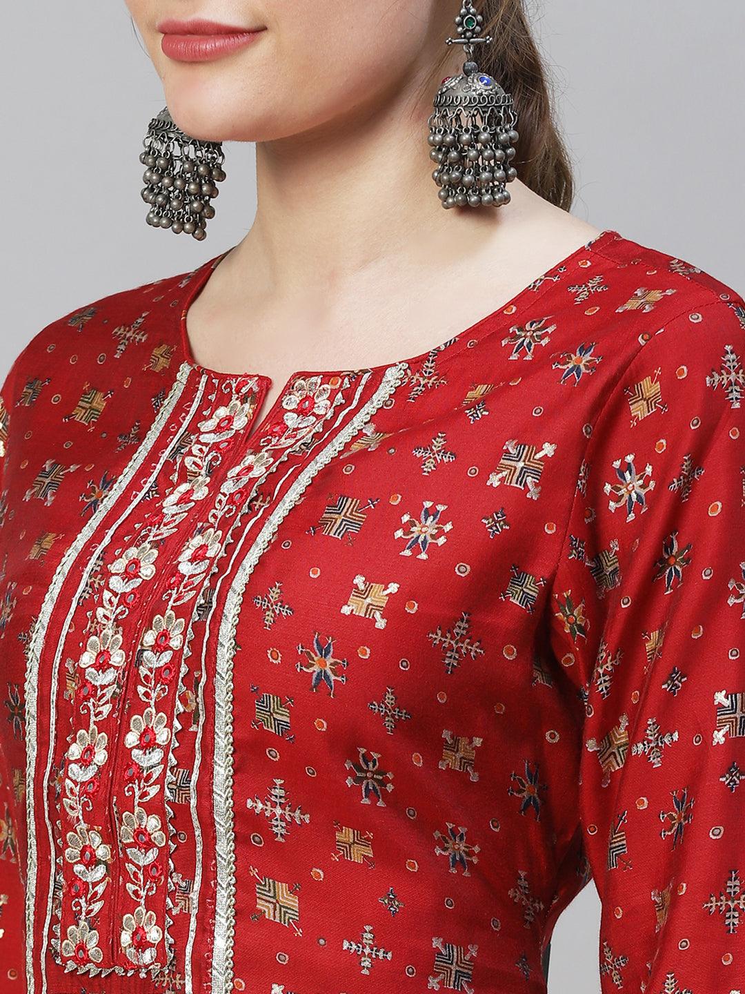 Ethnic Printed & Embroidered Straight Fit Kurta with Pants & Dupatta - Red - Indiakreations