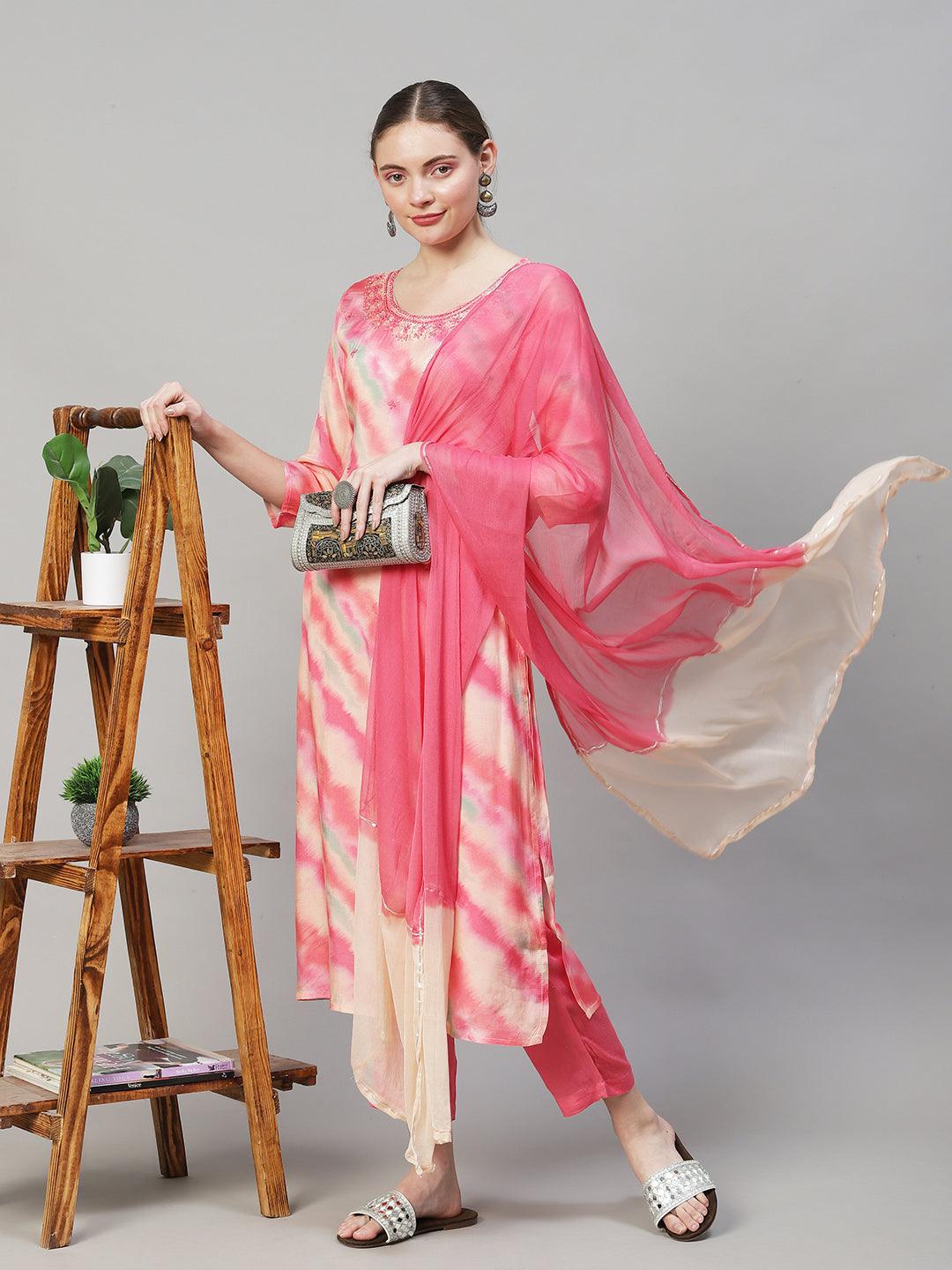 Leheriya Printed & Embroidered Straight Fit Kurta with Pant & Dupatta - Pink - Indiakreations