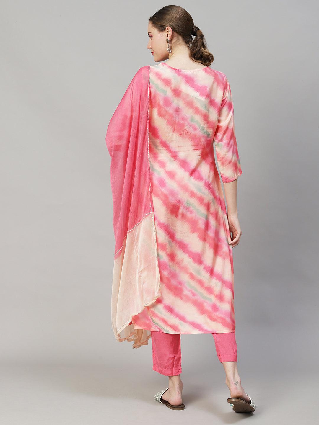 Leheriya Printed & Embroidered Straight Fit Kurta with Pant & Dupatta - Pink - Indiakreations