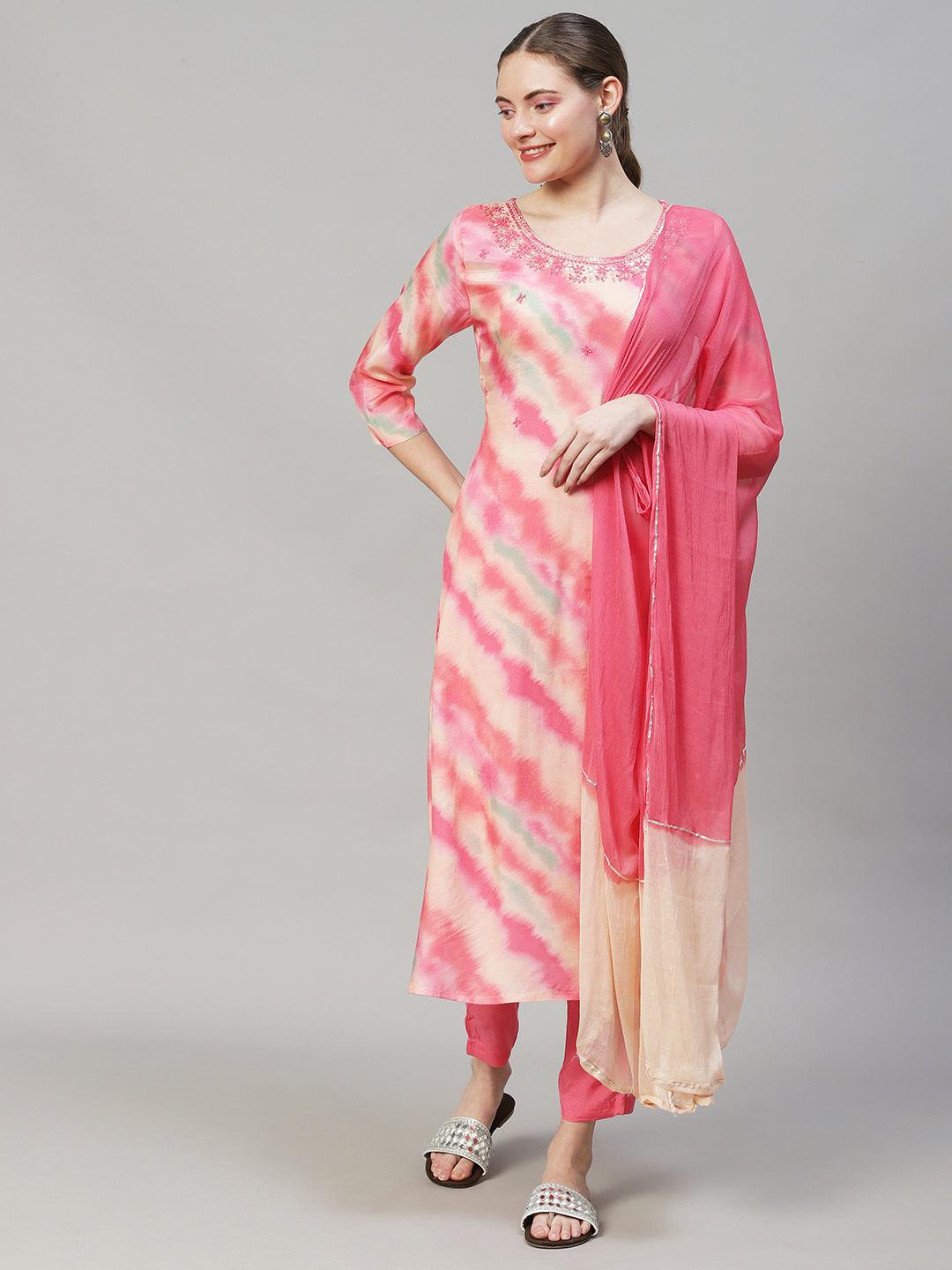 Leheriya Printed & Embroidered Straight Fit Kurta with Pant & Dupatta - Pink - Indiakreations