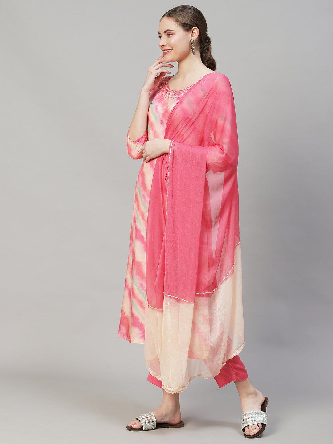 Leheriya Printed & Embroidered Straight Fit Kurta with Pant & Dupatta - Pink - Indiakreations