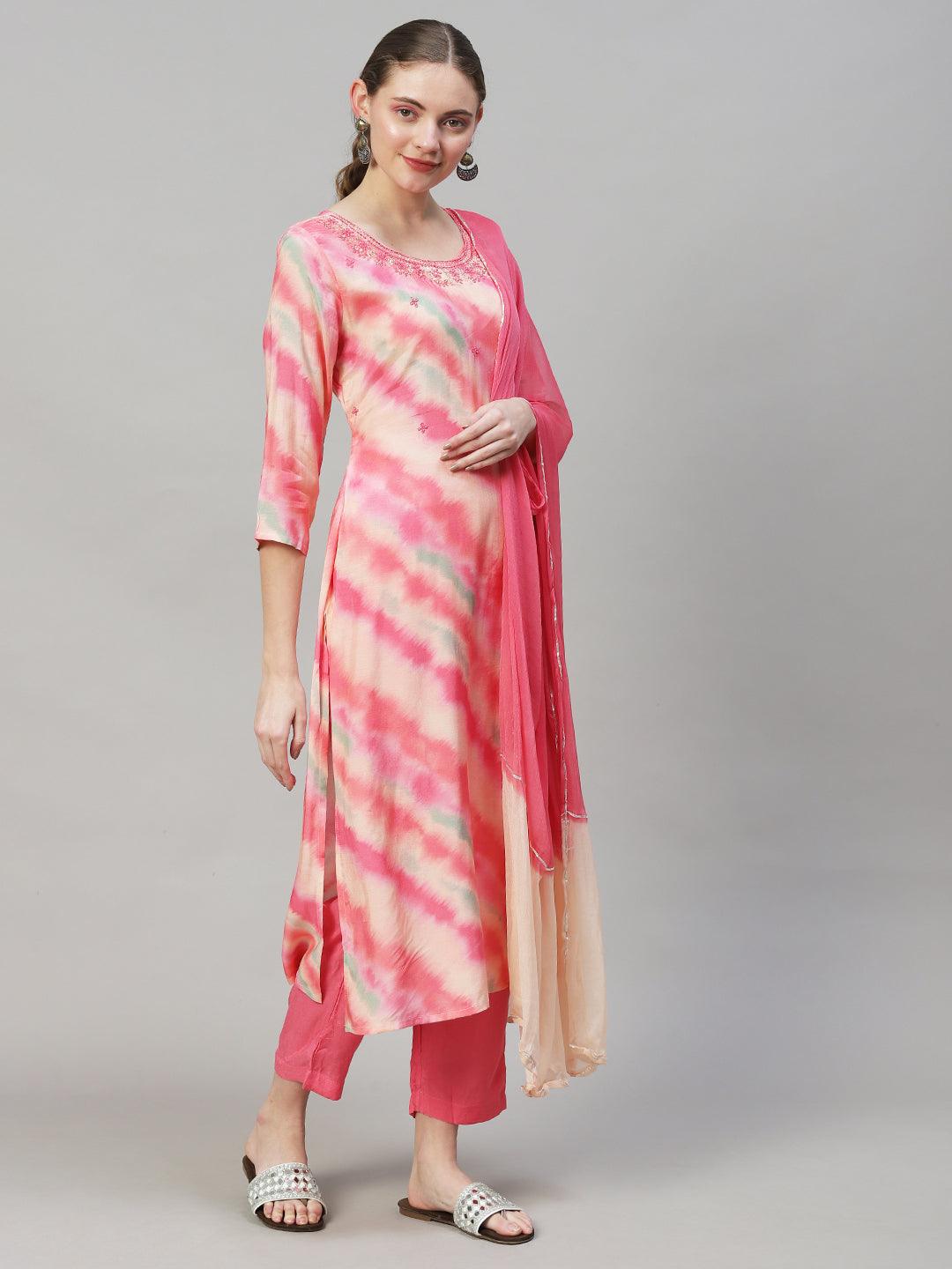 Leheriya Printed & Embroidered Straight Fit Kurta with Pant & Dupatta - Pink - Indiakreations