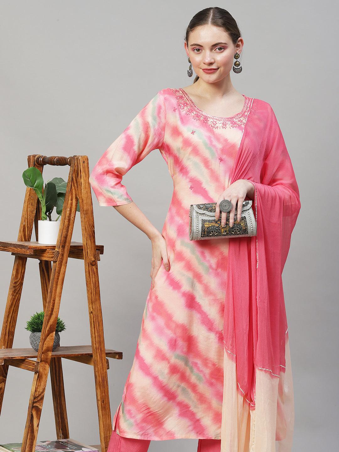 Leheriya Printed & Embroidered Straight Fit Kurta with Pant & Dupatta - Pink - Indiakreations