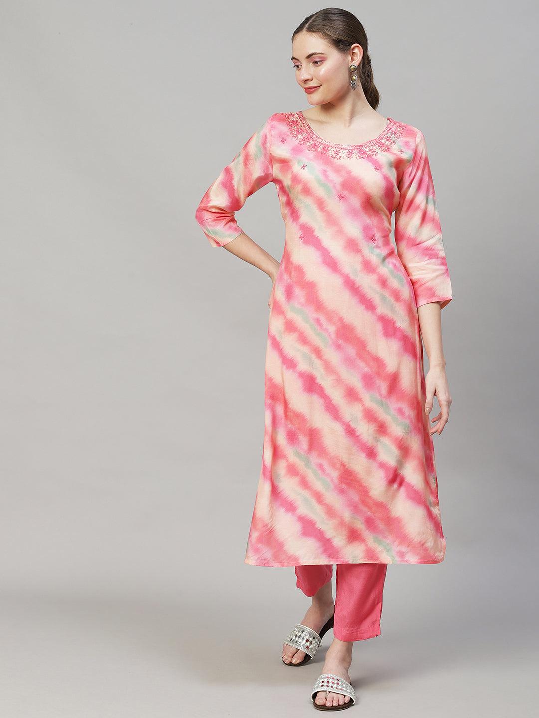 Leheriya Printed & Embroidered Straight Fit Kurta with Pant & Dupatta - Pink - Indiakreations