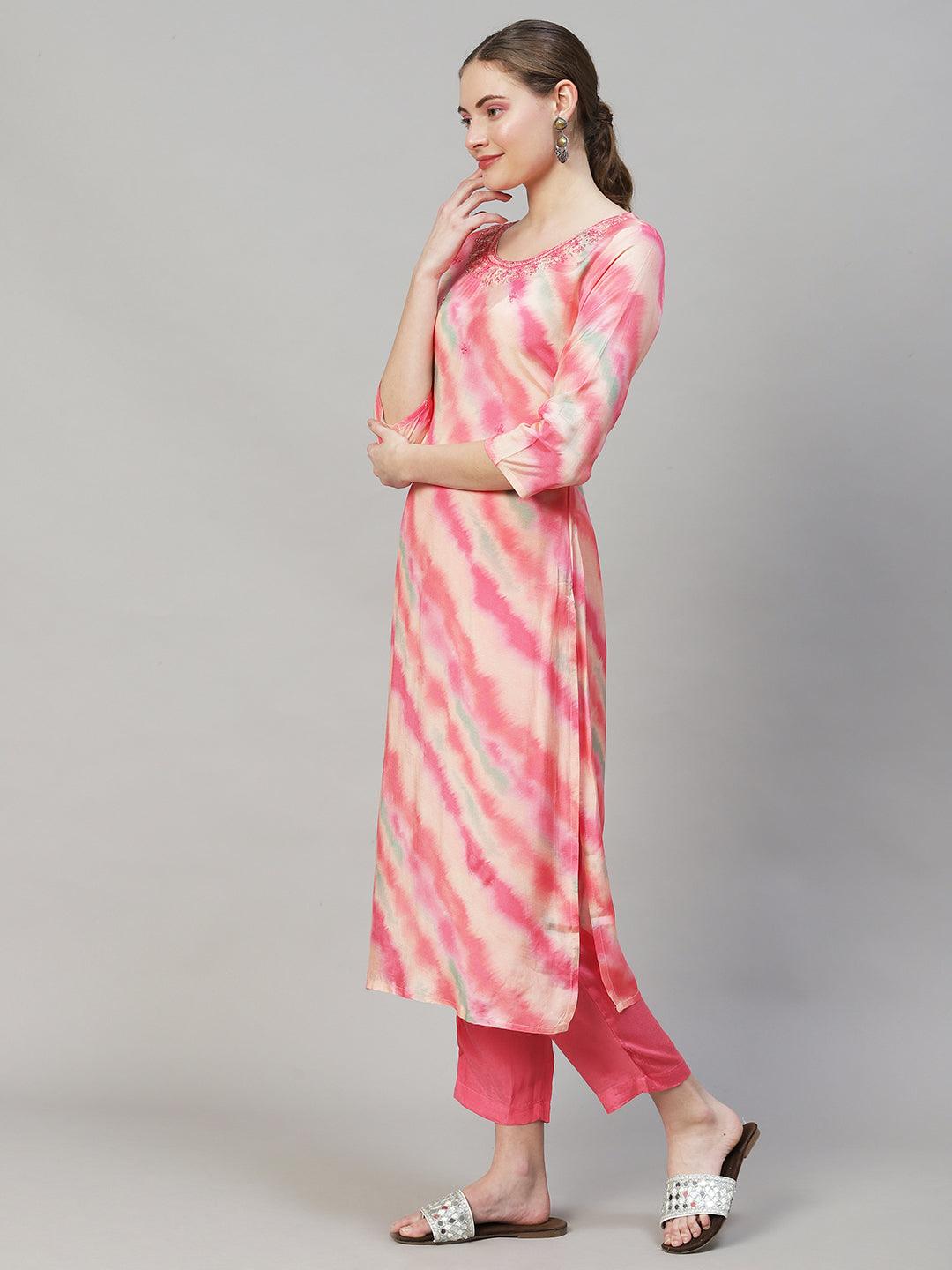 Leheriya Printed & Embroidered Straight Fit Kurta with Pant & Dupatta - Pink - Indiakreations