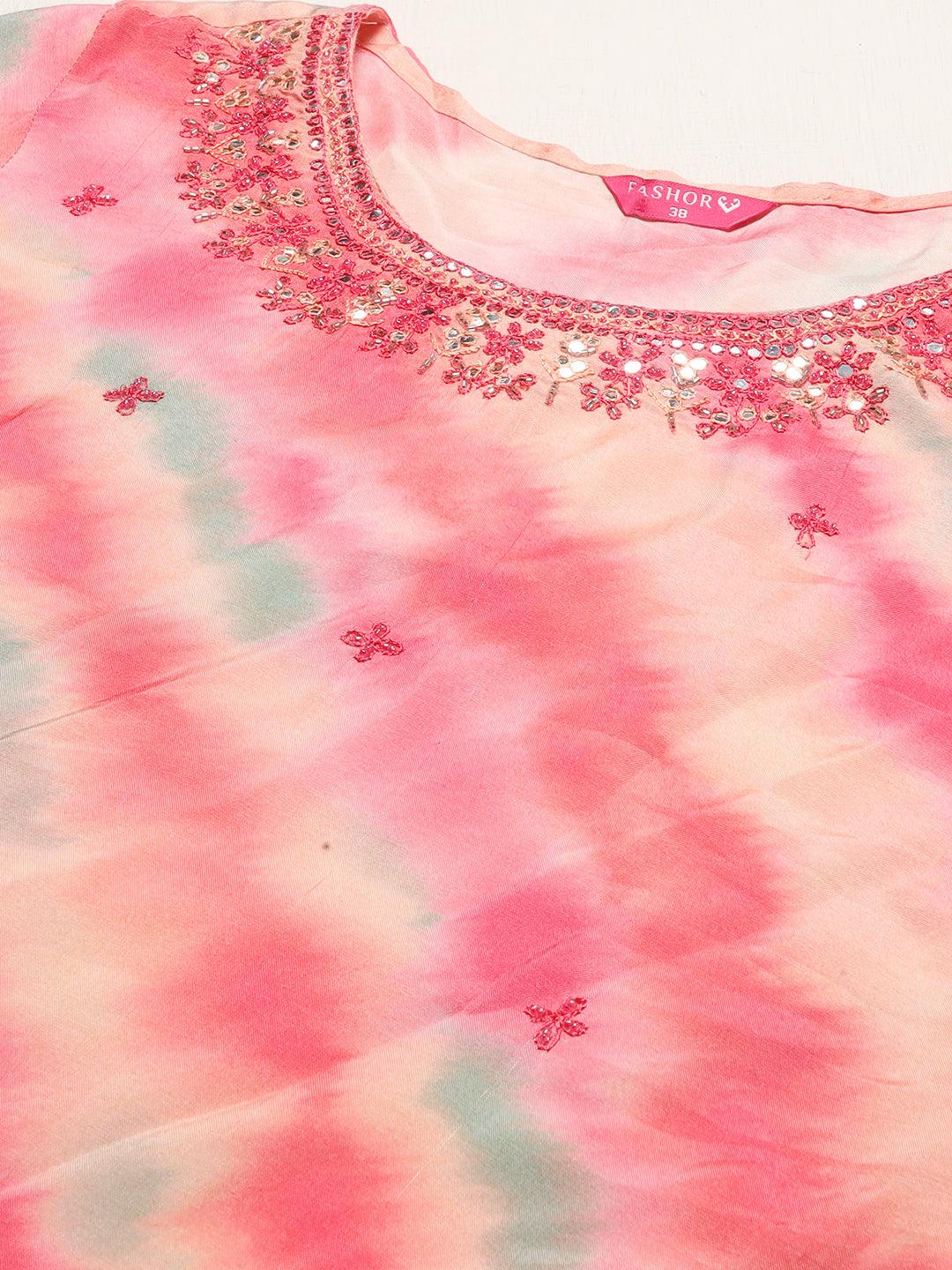 Leheriya Printed & Embroidered Straight Fit Kurta with Pant & Dupatta - Pink - Indiakreations