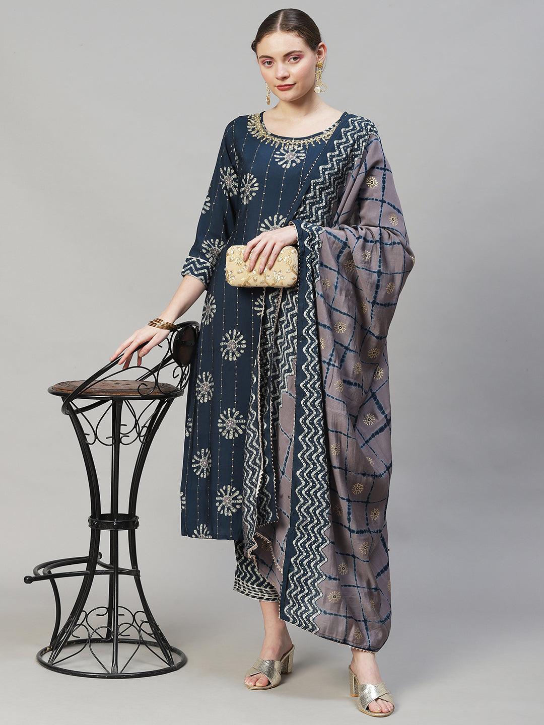 Ethnic Printed & Hand Embroidered Kurta with Pants & Dupatta - Teal Blue - Indiakreations