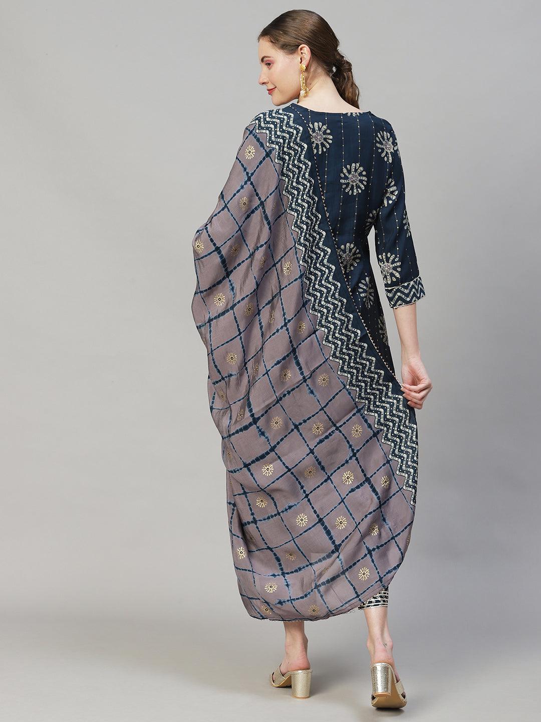 Ethnic Printed & Hand Embroidered Kurta with Pants & Dupatta - Teal Blue - Indiakreations