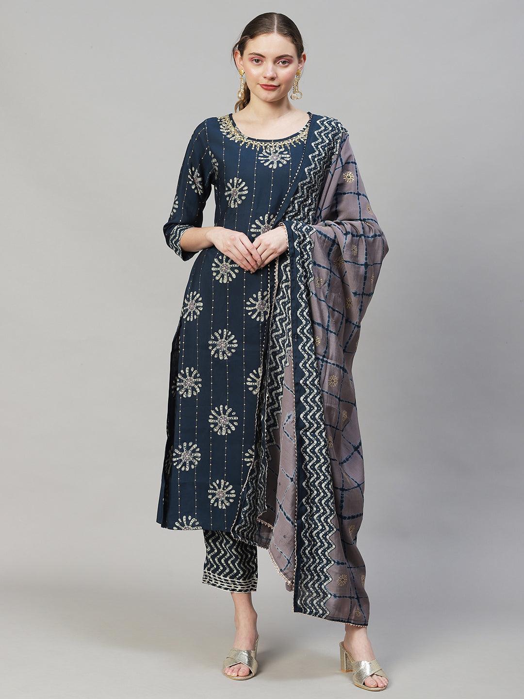 Ethnic Printed & Hand Embroidered Kurta with Pants & Dupatta - Teal Blue - Indiakreations