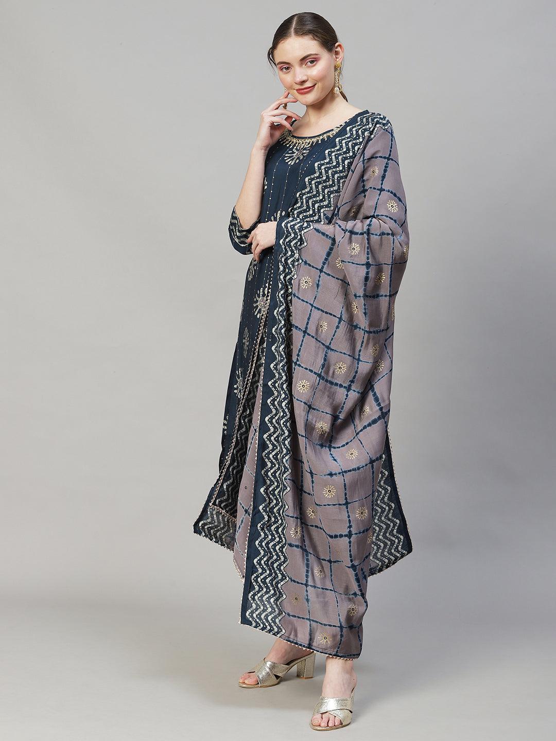 Ethnic Printed & Hand Embroidered Kurta with Pants & Dupatta - Teal Blue - Indiakreations