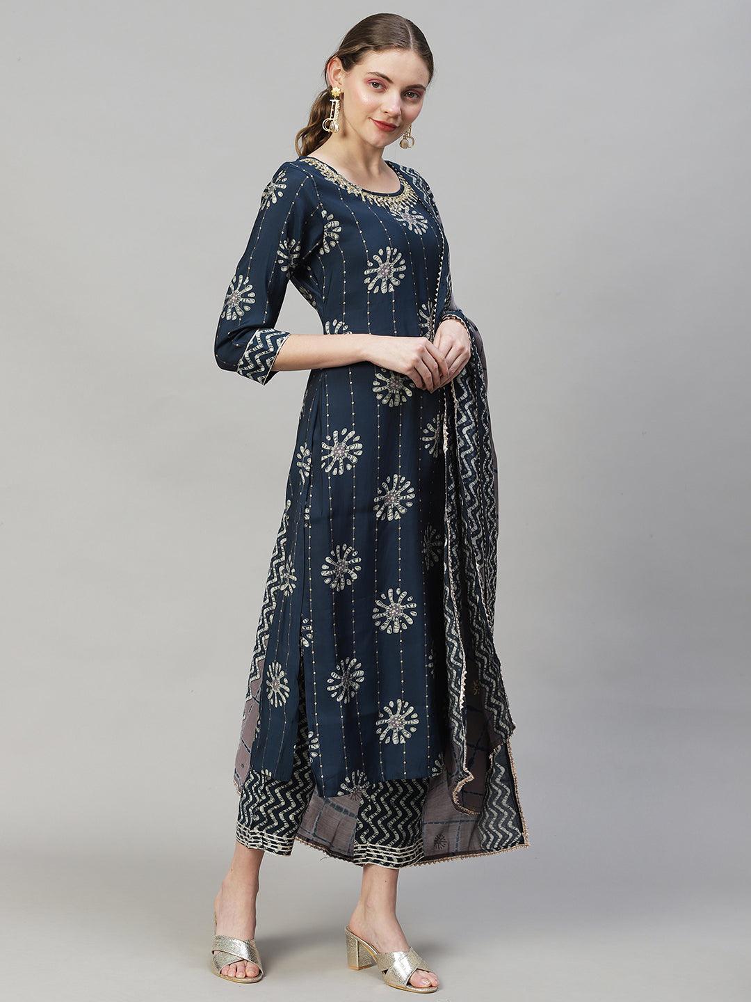 Ethnic Printed & Hand Embroidered Kurta with Pants & Dupatta - Teal Blue - Indiakreations