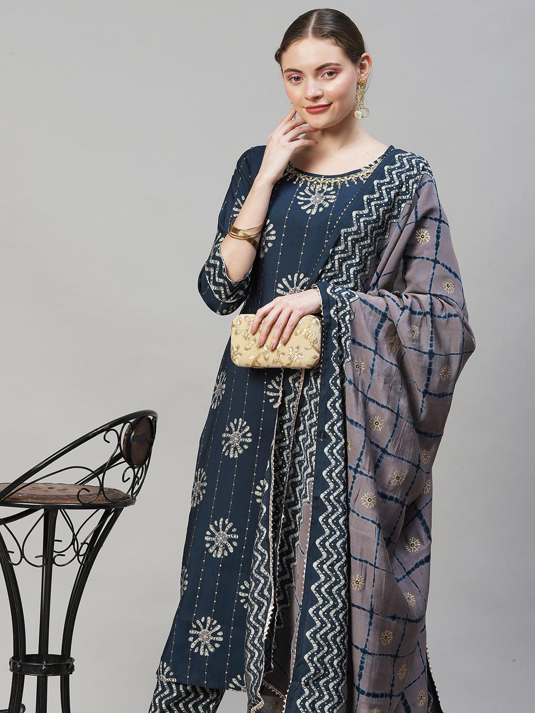 Ethnic Printed & Hand Embroidered Kurta with Pants & Dupatta - Teal Blue - Indiakreations