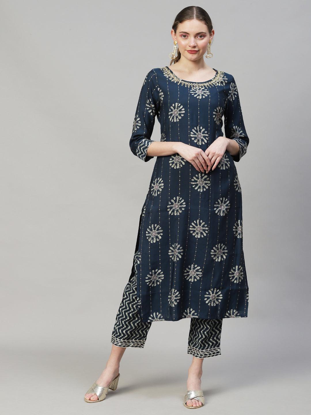 Ethnic Printed & Hand Embroidered Kurta with Pants & Dupatta - Teal Blue - Indiakreations