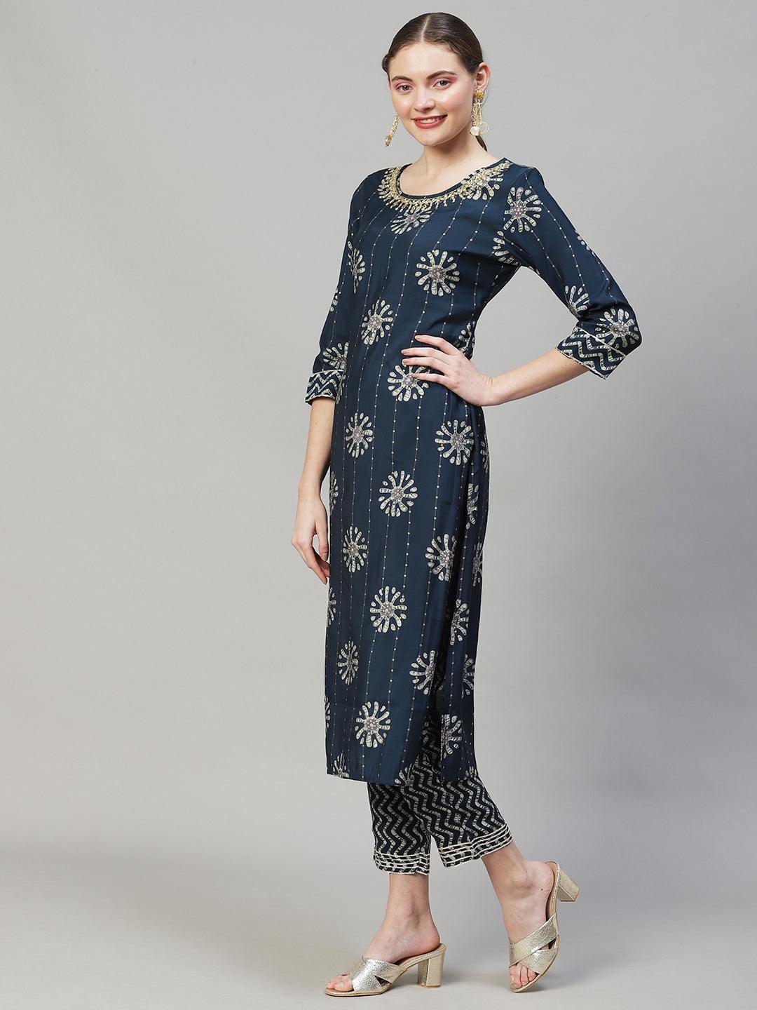 Ethnic Printed & Hand Embroidered Kurta with Pants & Dupatta - Teal Blue - Indiakreations