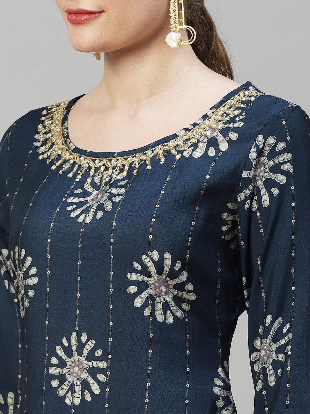 Ethnic Printed & Hand Embroidered Kurta with Pants & Dupatta - Teal Blue - Indiakreations