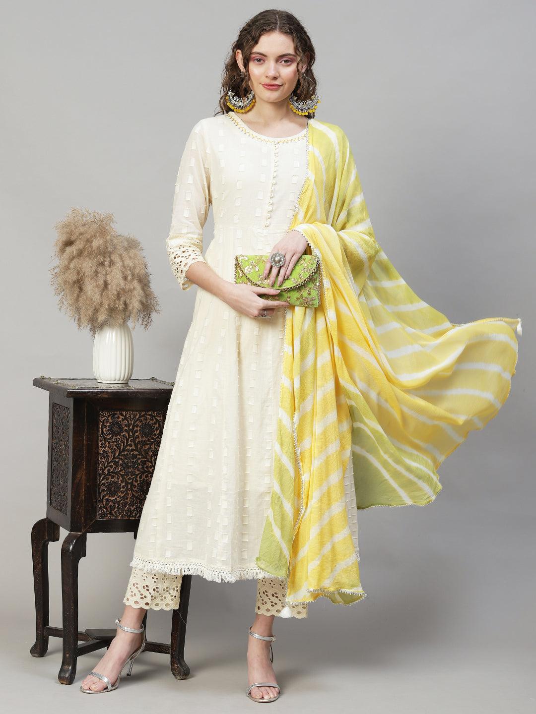 Ethnic Woven Anarkali Kurta with Pants & Dupatta - Off White - Indiakreations