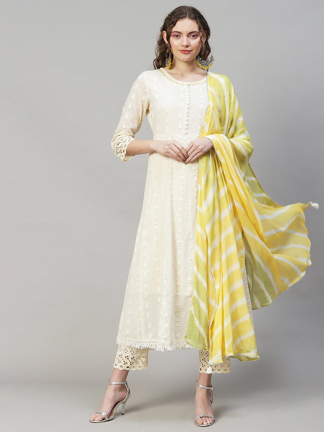 Ethnic Woven Anarkali Kurta with Pants & Dupatta - Off White - Indiakreations