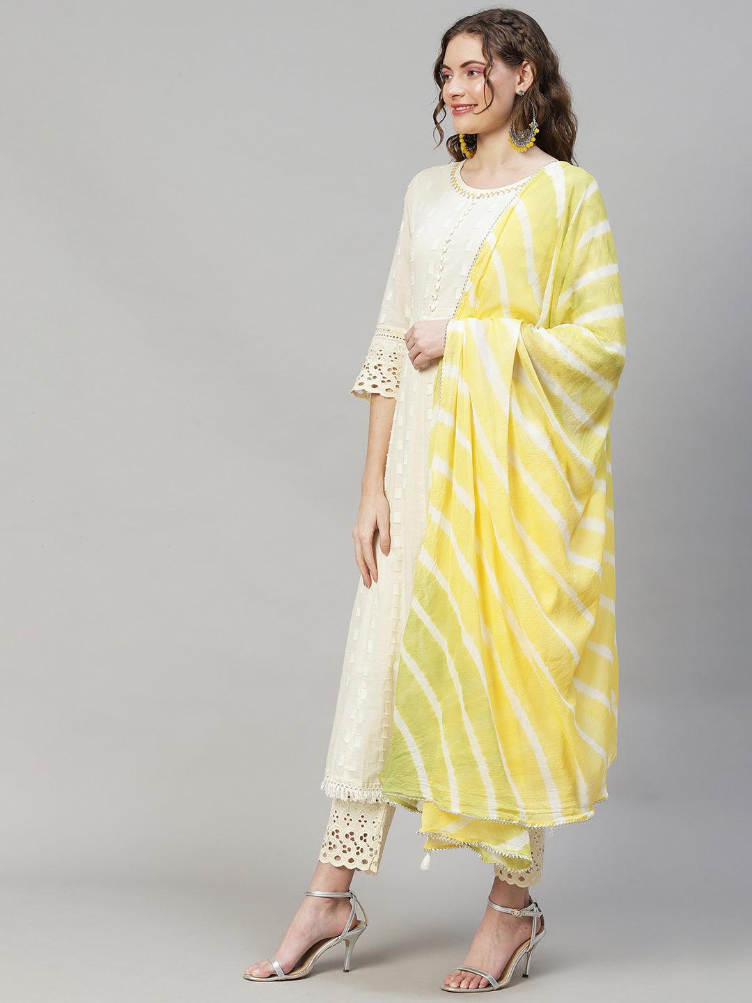 Ethnic Woven Anarkali Kurta with Pants & Dupatta - Off White - Indiakreations