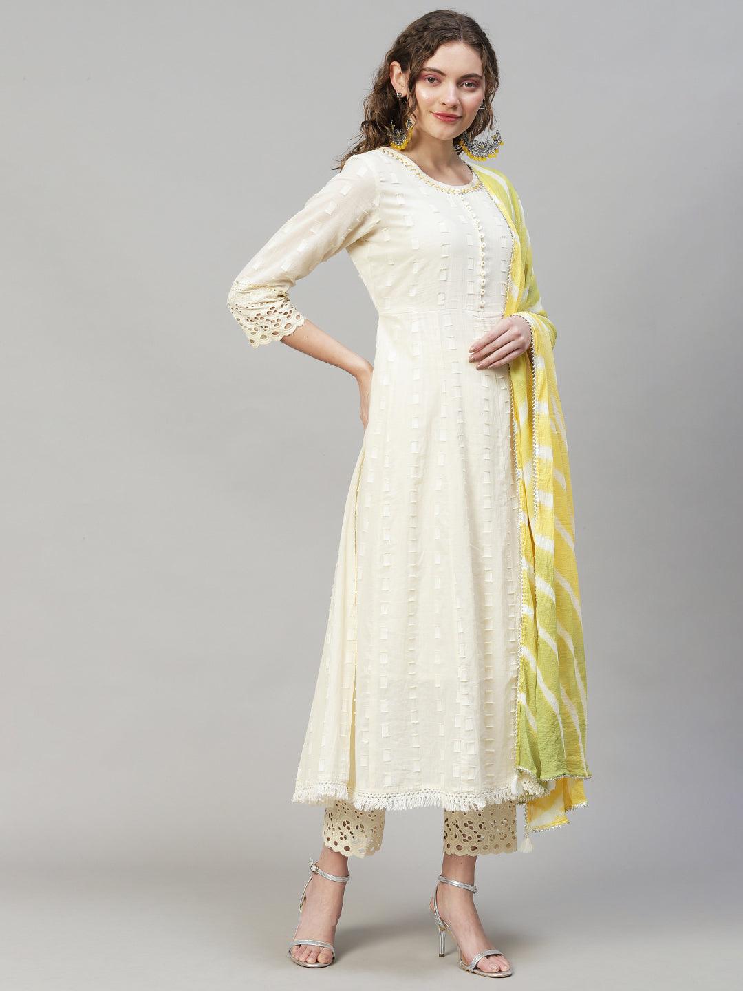 Ethnic Woven Anarkali Kurta with Pants & Dupatta - Off White - Indiakreations