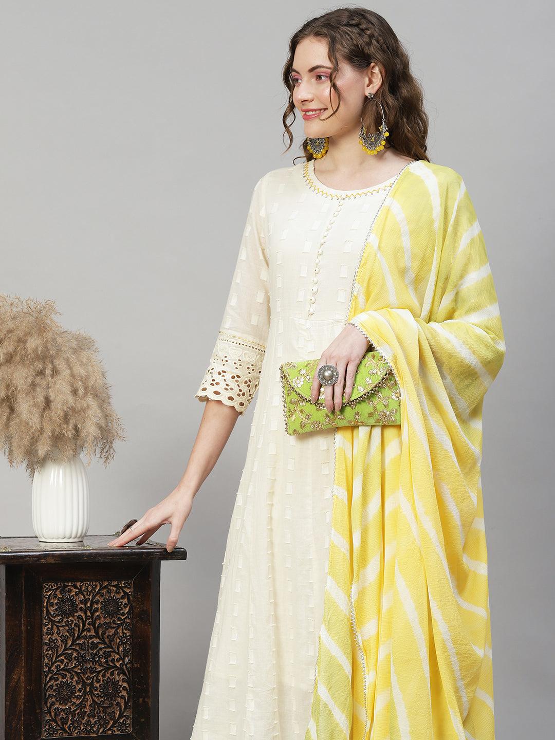 Ethnic Woven Anarkali Kurta with Pants & Dupatta - Off White - Indiakreations