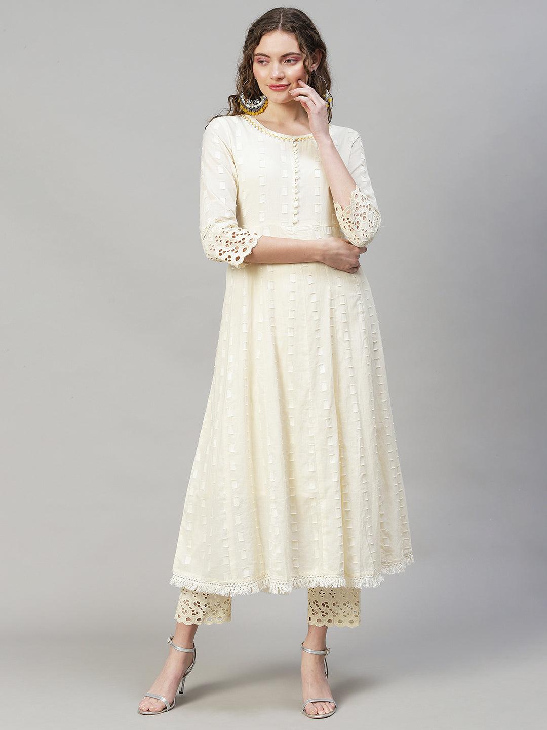 Ethnic Woven Anarkali Kurta with Pants & Dupatta - Off White - Indiakreations