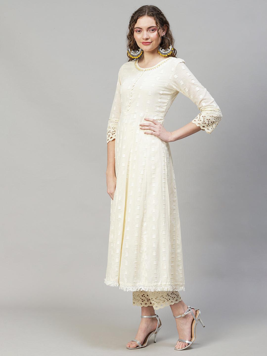 Ethnic Woven Anarkali Kurta with Pants & Dupatta - Off White - Indiakreations