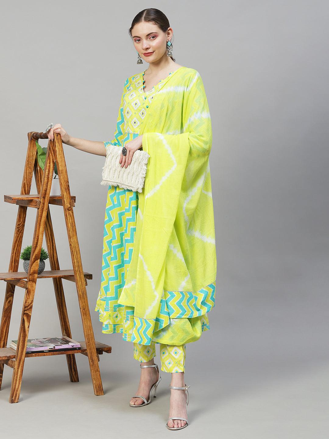 Ethnic Printed & Embroidered Flared Kurta with Pants & Dupatta - Multi - Indiakreations