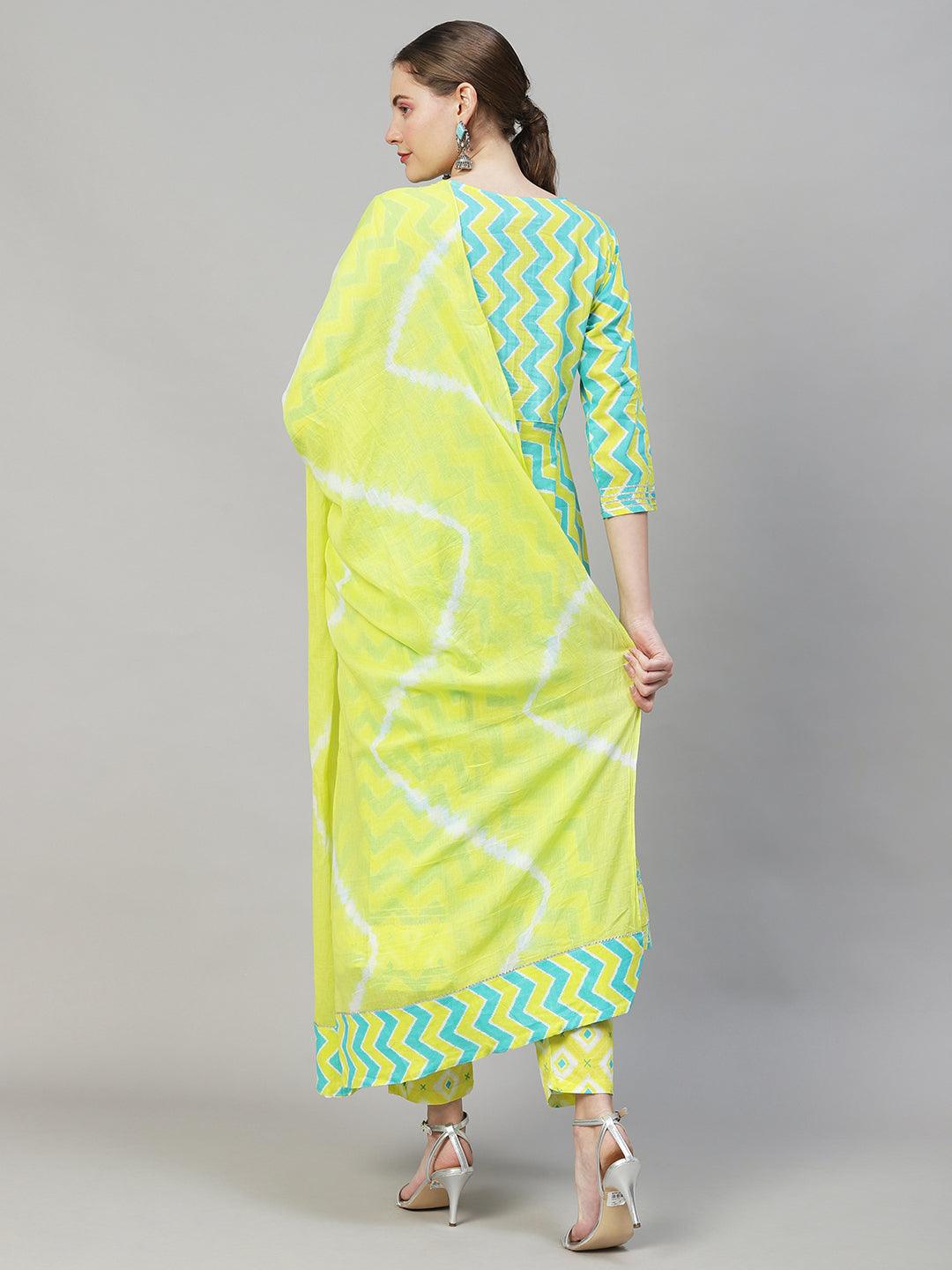 Ethnic Printed & Embroidered Flared Kurta with Pants & Dupatta - Multi - Indiakreations