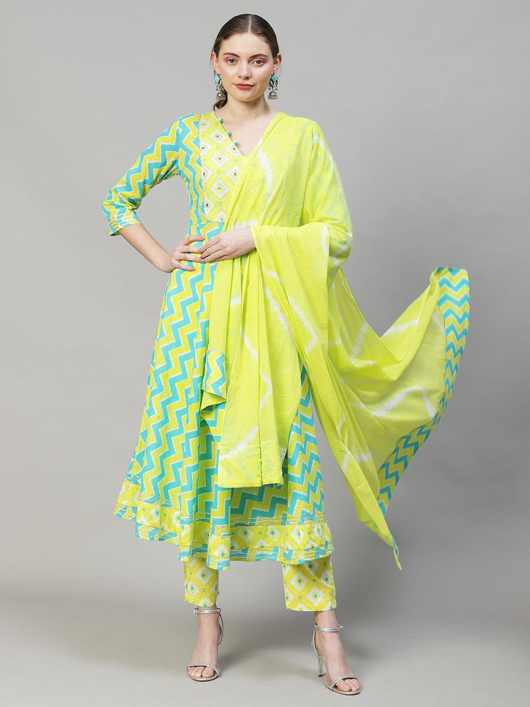 Ethnic Printed & Embroidered Flared Kurta with Pants & Dupatta - Multi - Indiakreations