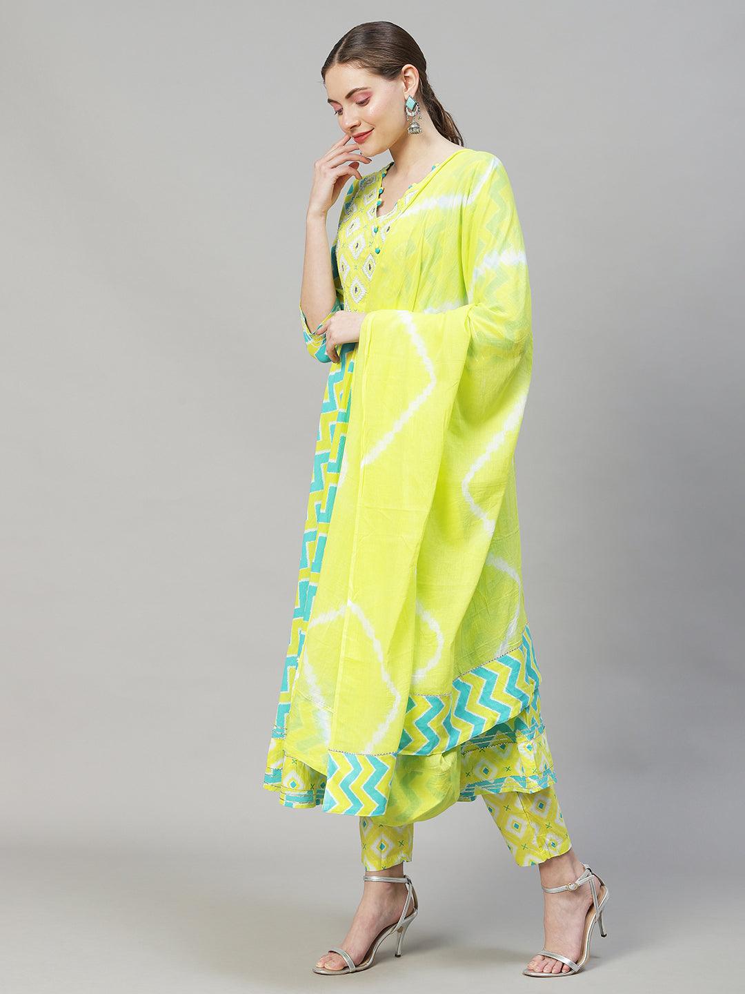 Ethnic Printed & Embroidered Flared Kurta with Pants & Dupatta - Multi - Indiakreations