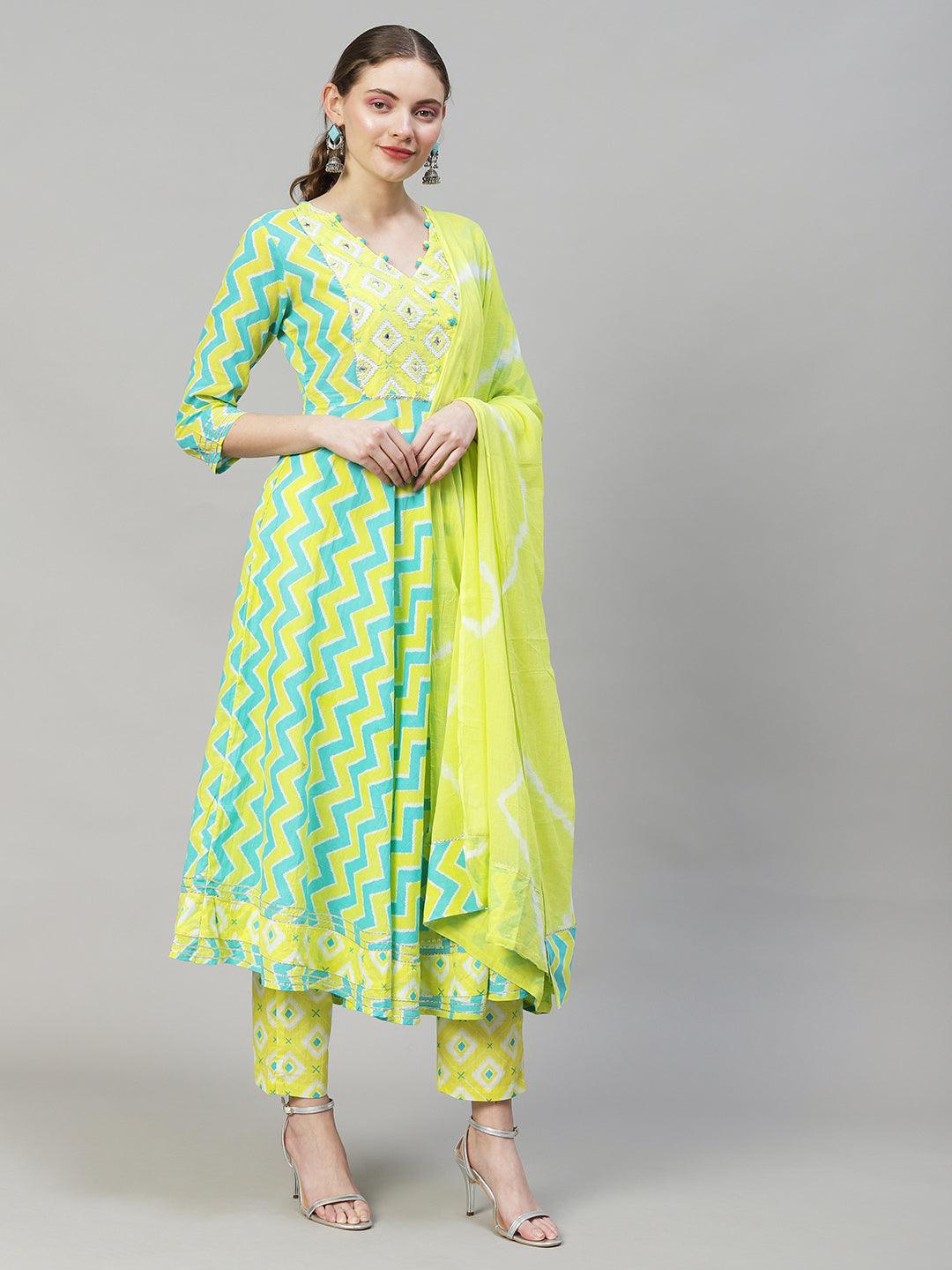 Ethnic Printed & Embroidered Flared Kurta with Pants & Dupatta - Multi - Indiakreations